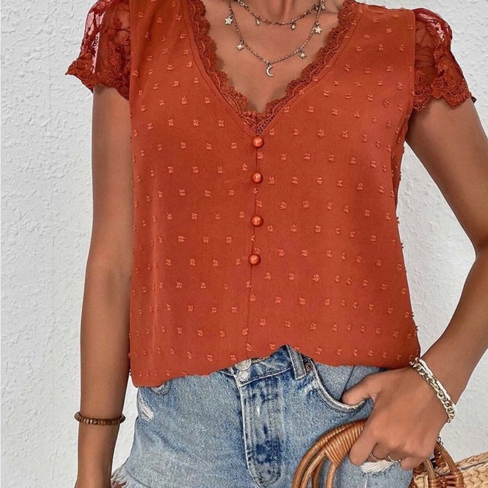 Burnt Orange button-Accent Flutter Sleeve Top